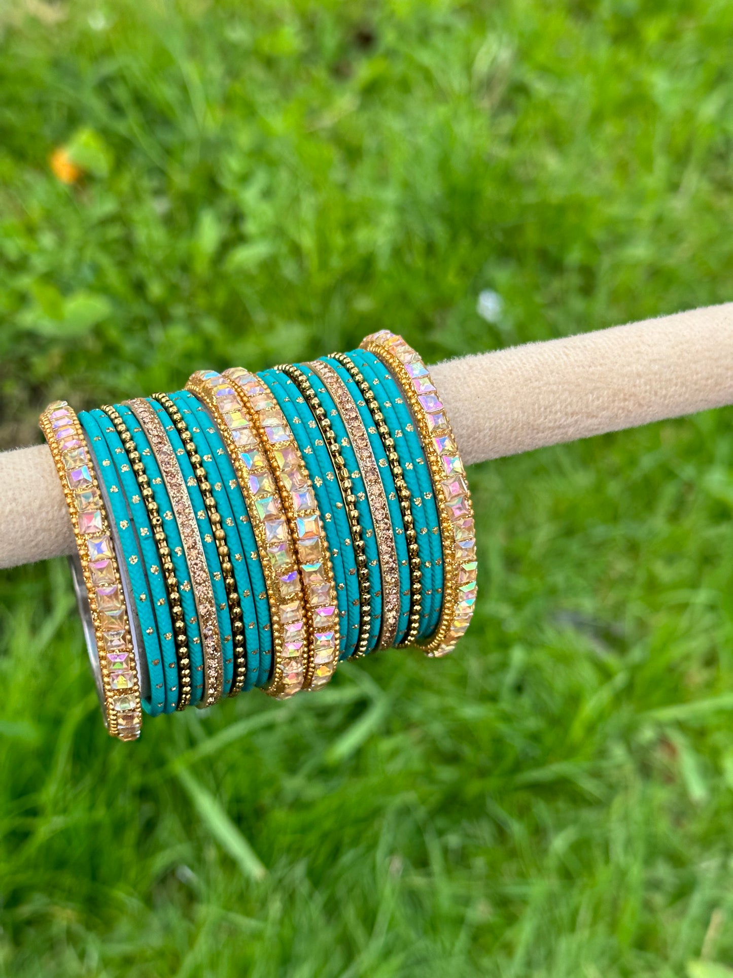 Sky Blue colour bangles with shiny golden kangan’s ( set of both hands )