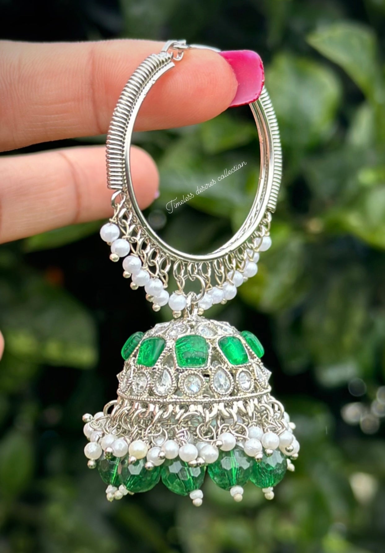 Green colour jhumka Waliya earrings in polki in silver polish