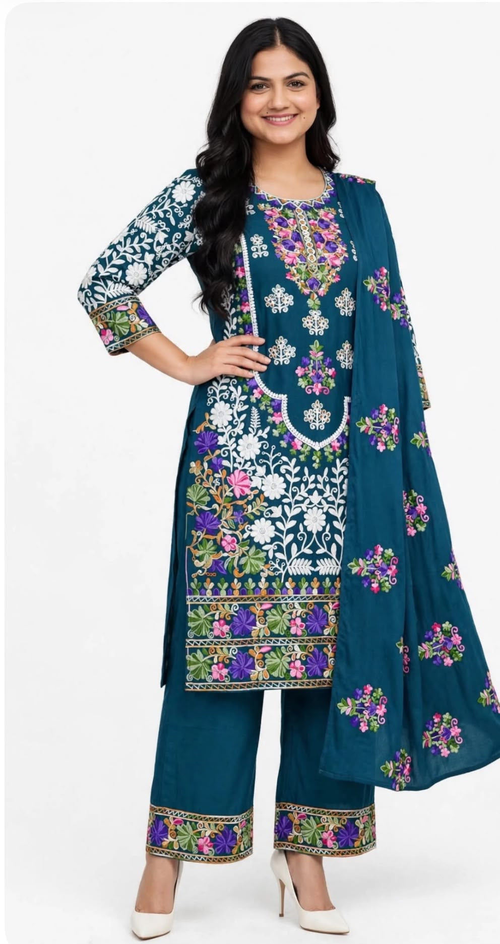Stunning Kashmiri suit on Rayon fabric with threadwork