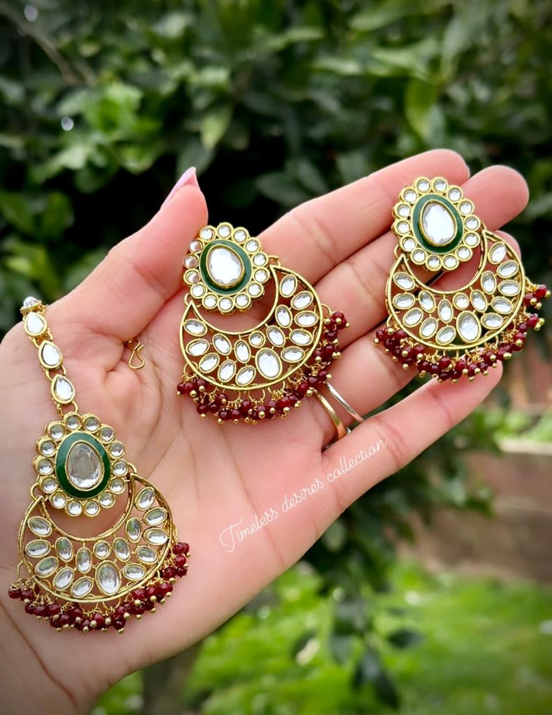 Maroon Earrings and Tikka set in Kundan