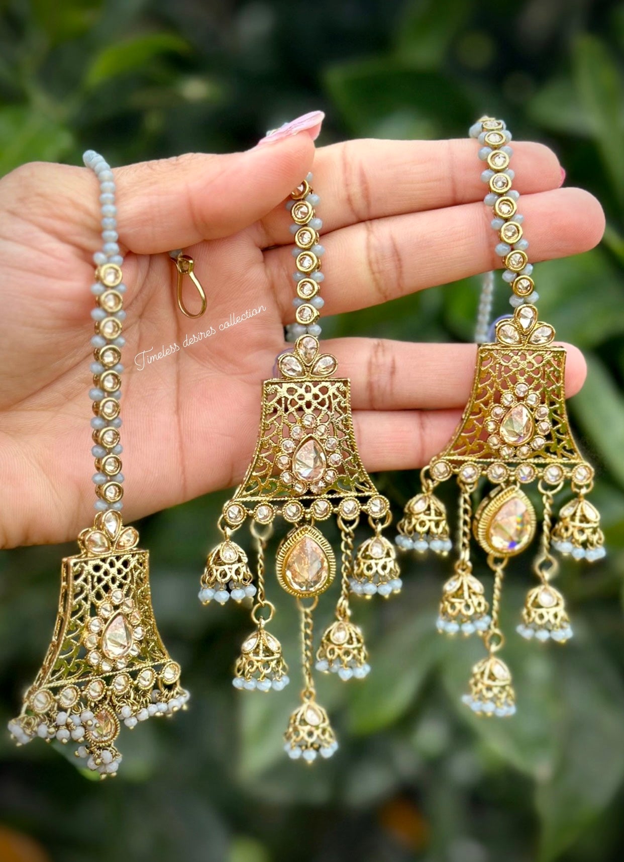 Grey Jhumka drop earrings and tikka set in reverse AD ( high quality of Polki )