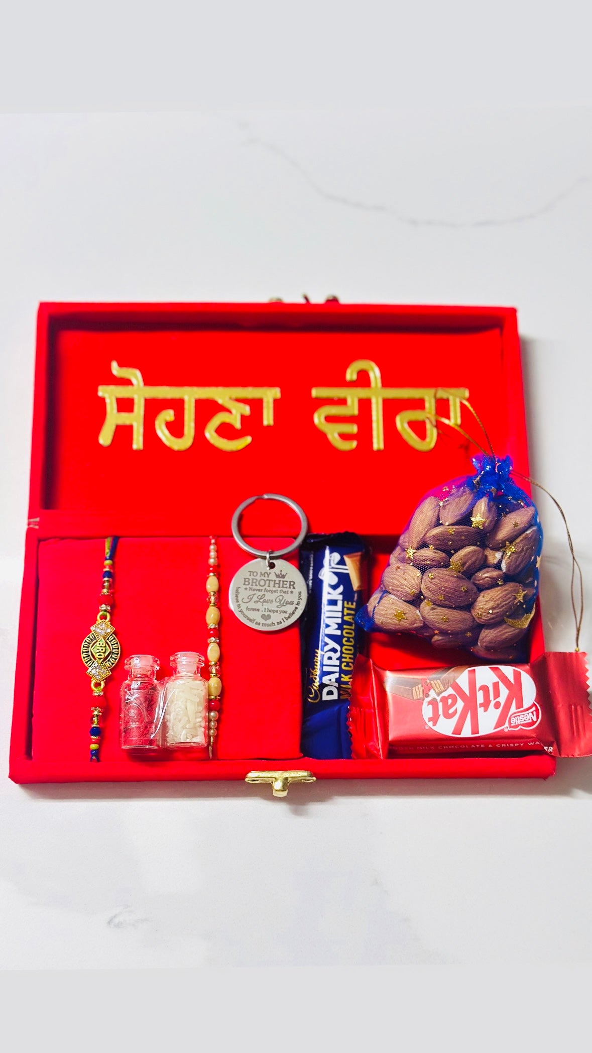 Sohna Veera Rakhi / Rakhdi hamper box with gifts (assorted designs)