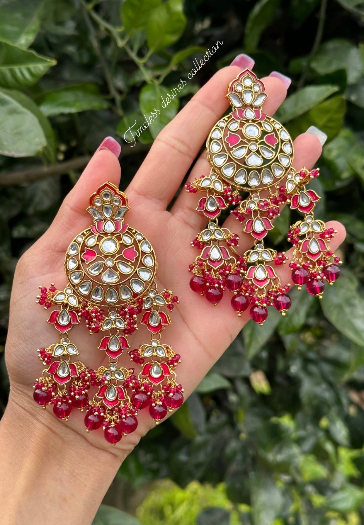 Hot Pink magenta drop earrings in Kundan