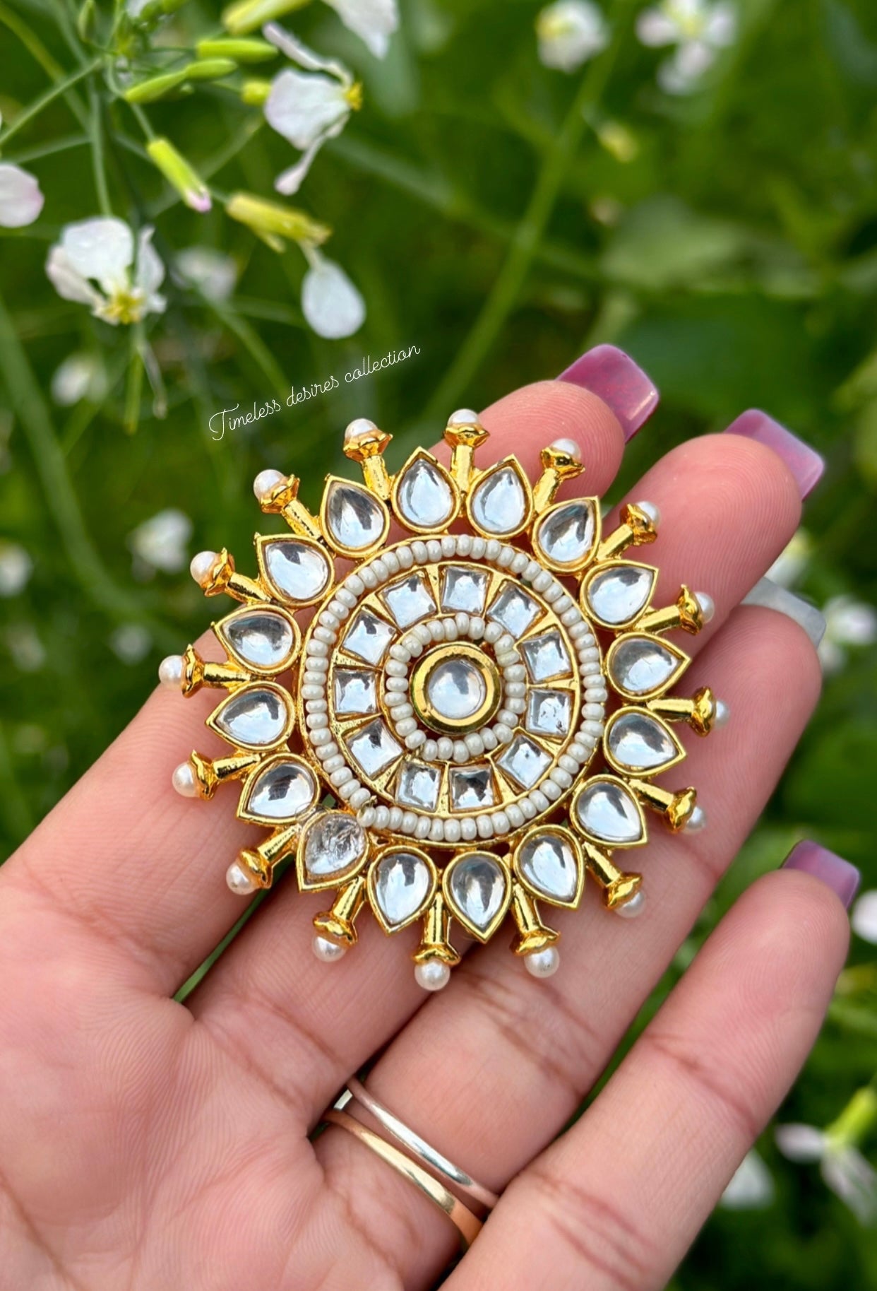 White & Golden Oversized ring in Kundan