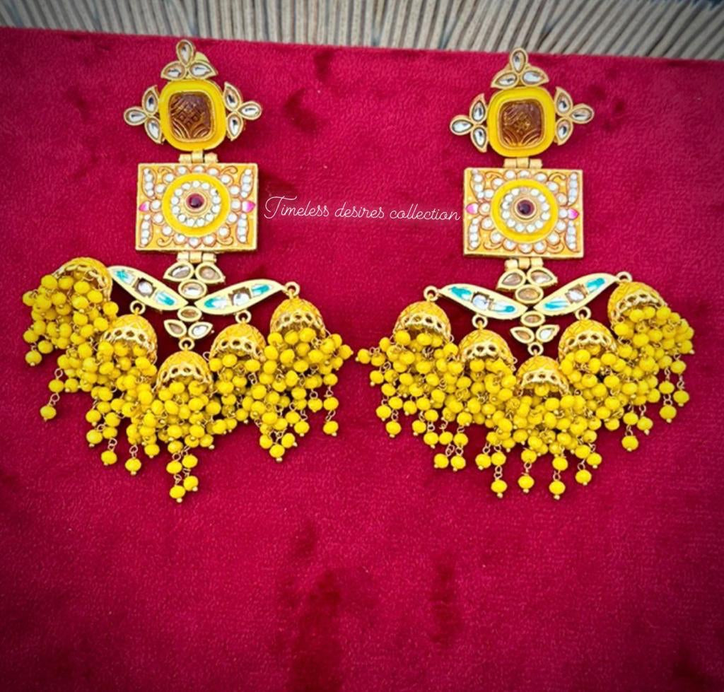( Item Code E-1 ) Yellow Most trending meena kundan earrings in gold plating ( statement PC )