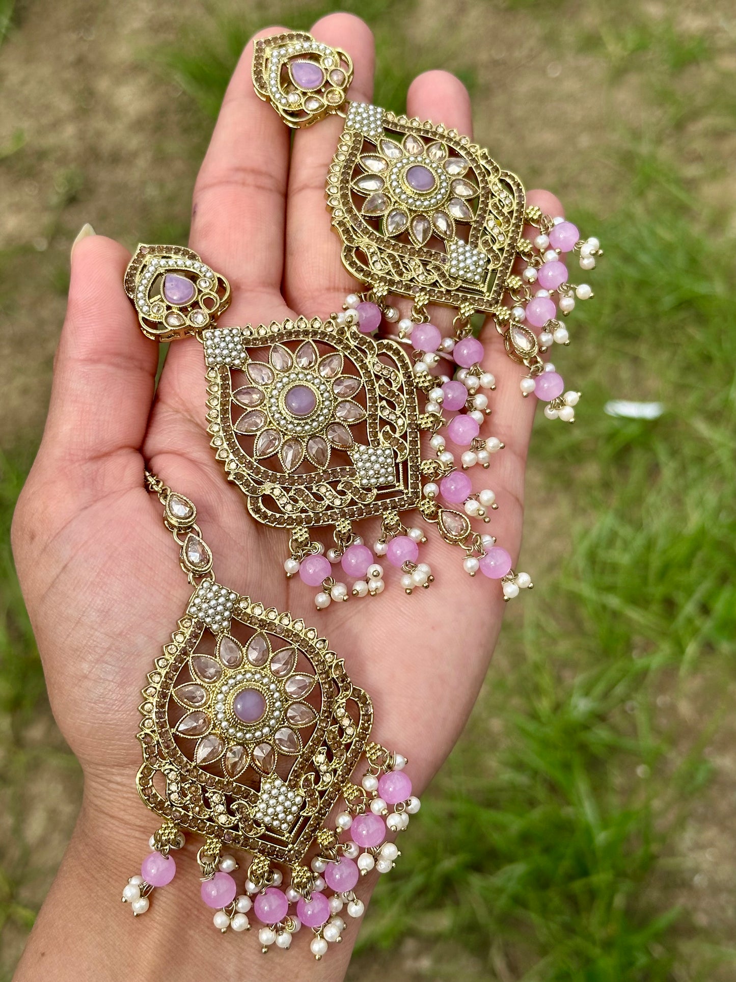 Baby pink earrings with tikka - J9