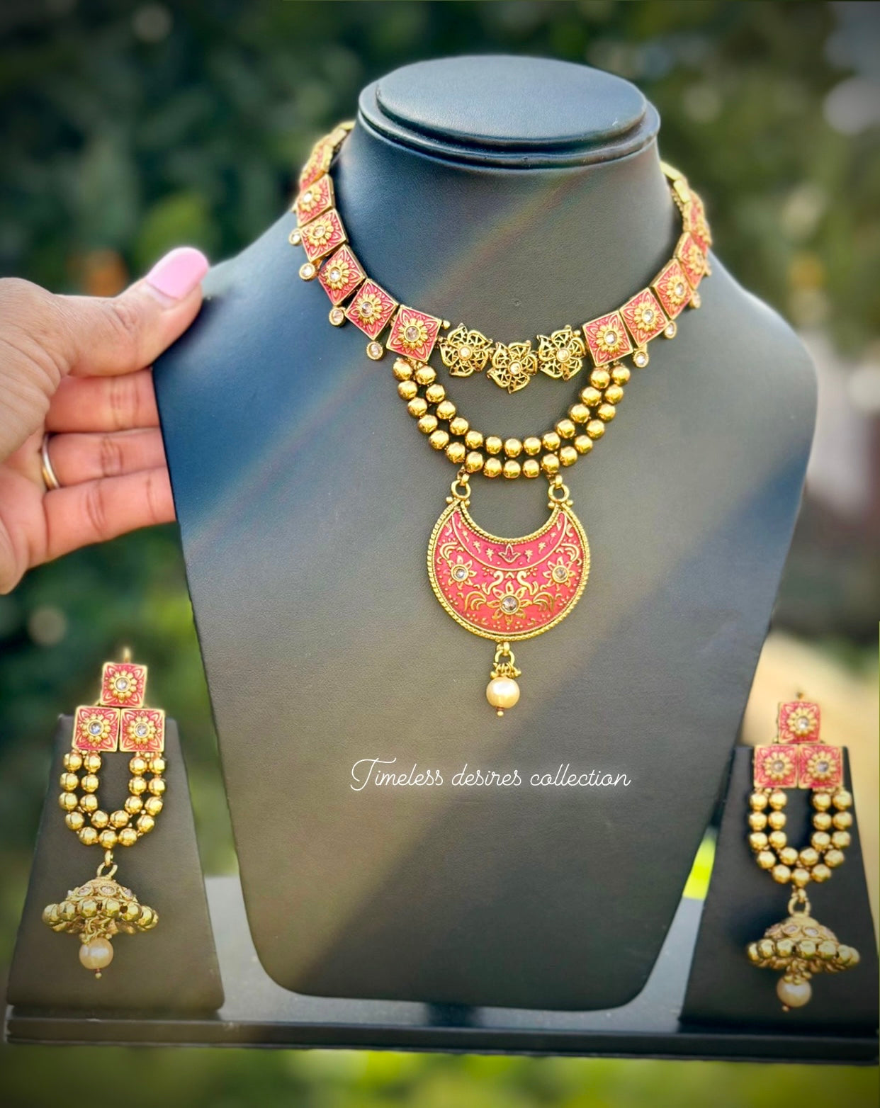 Red Gold plated necklace set in Meenakari with Bell sound earrings in Antique look