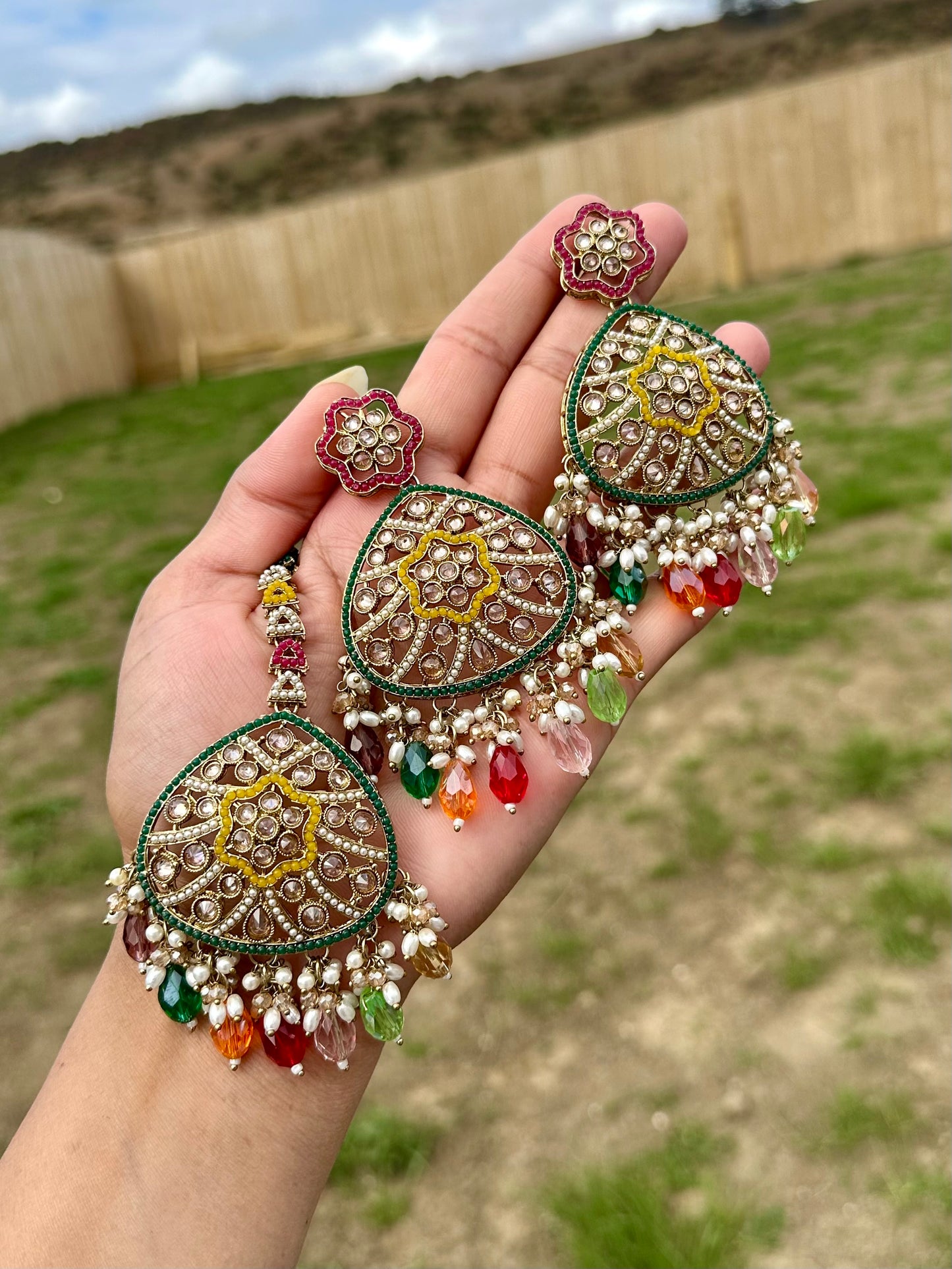 Multi colour earrings with tikka - J21