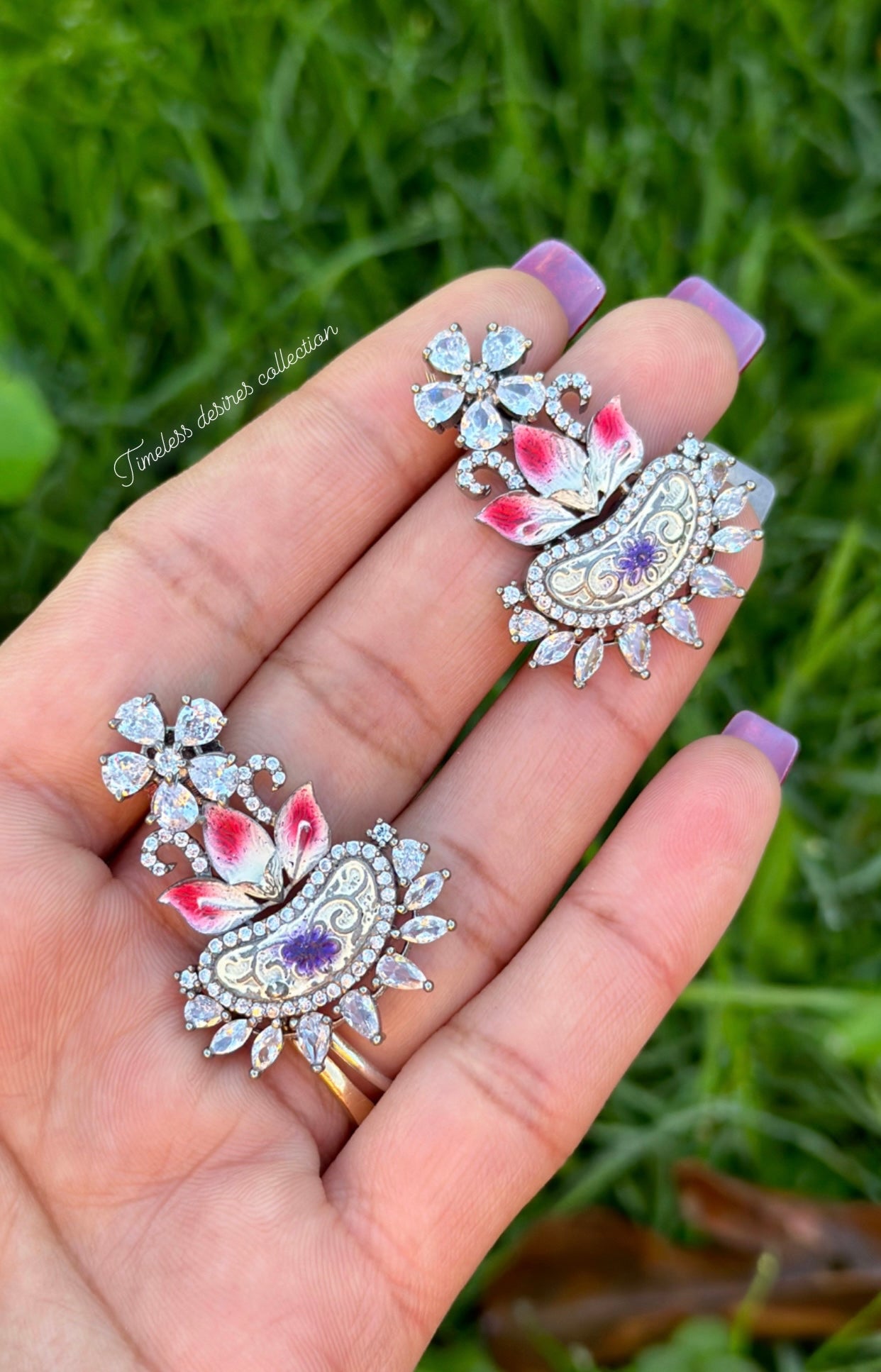 Multi American diamond earrings in silver polish