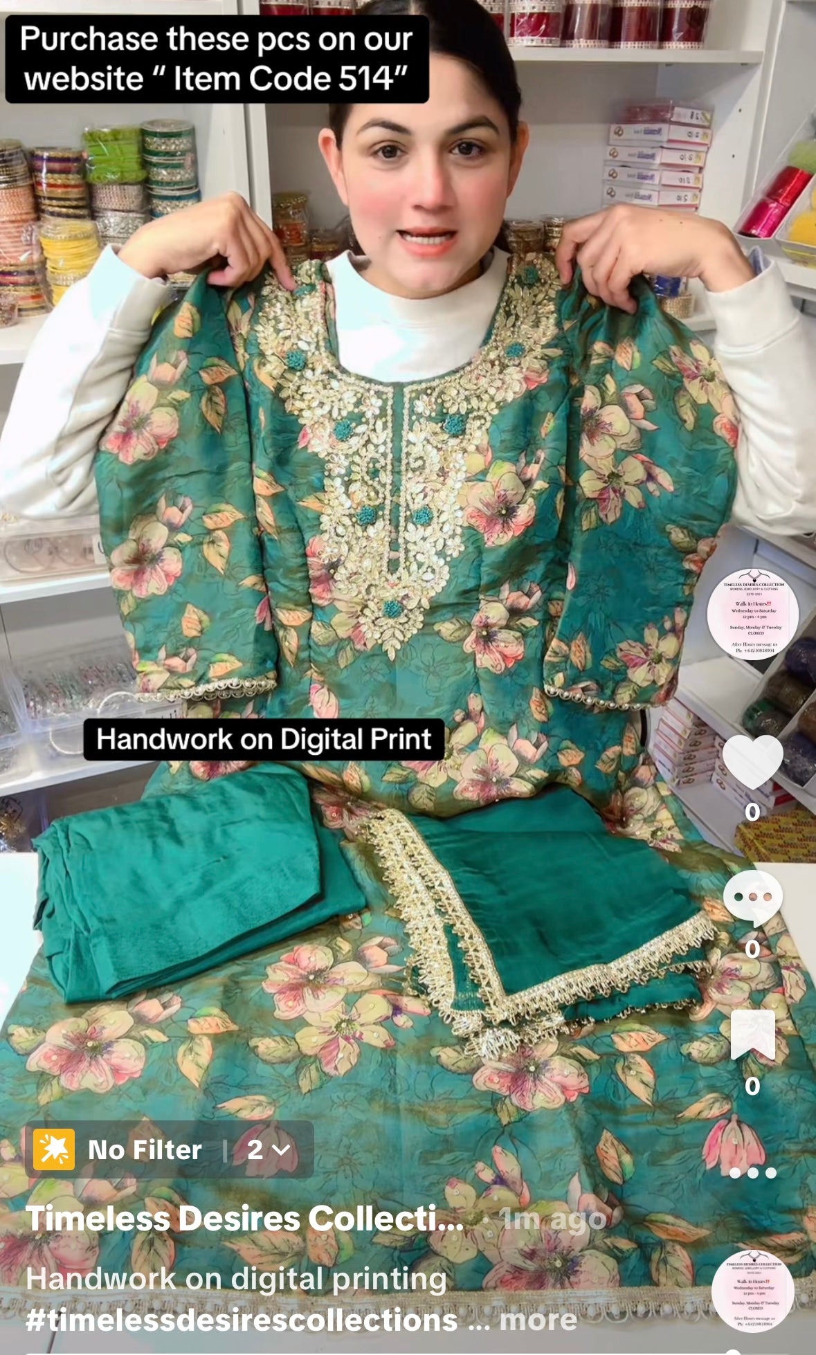 Handwork on Digital Print Punjabi Suit ( Code: 514 ) - Colour “Sea Green”