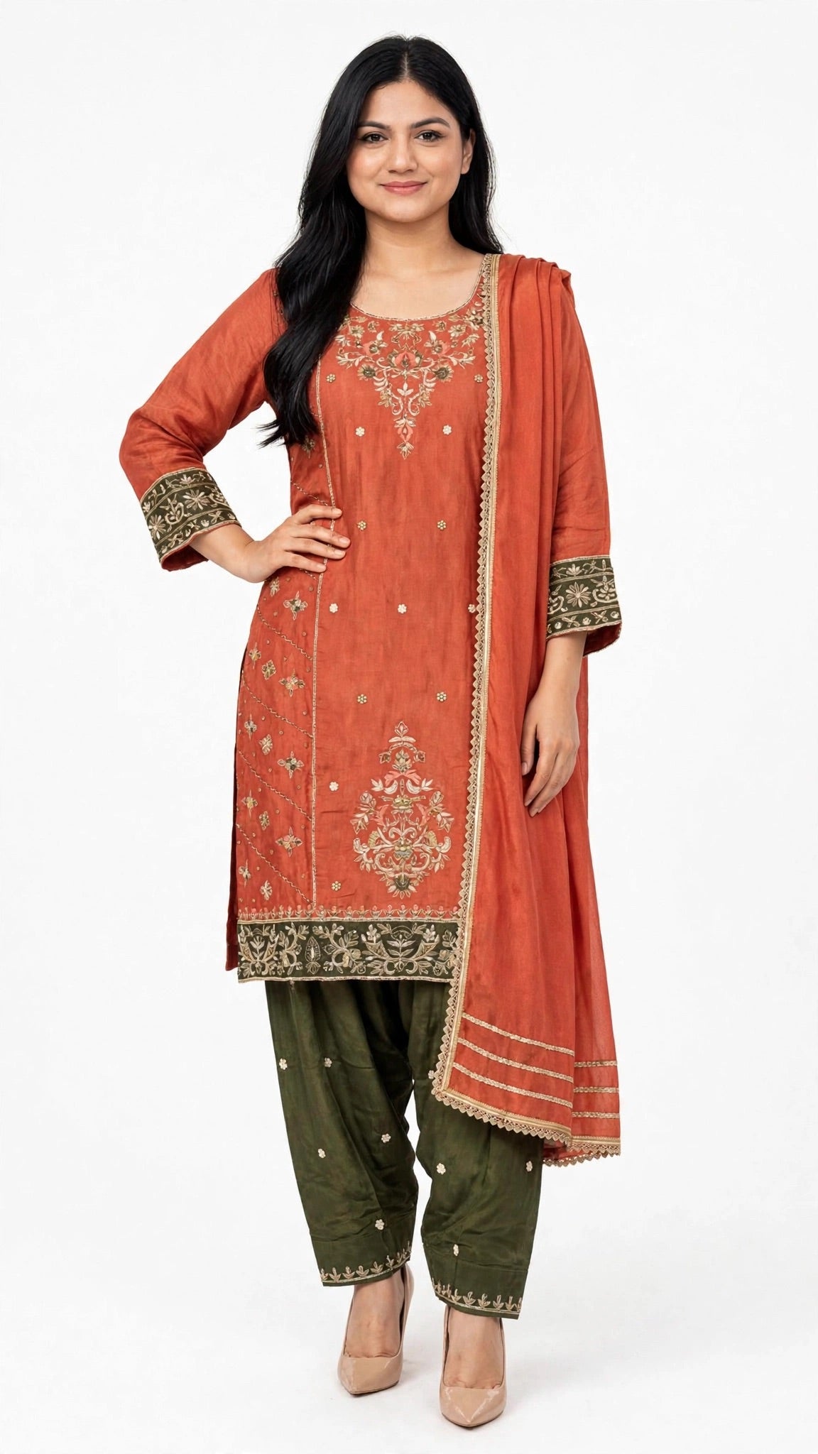 Heavy Silk based suit pair up with pure crape salwar and pure duppata enhanced with lace - Colour: Rust + Mehndi ( Code: 082 )