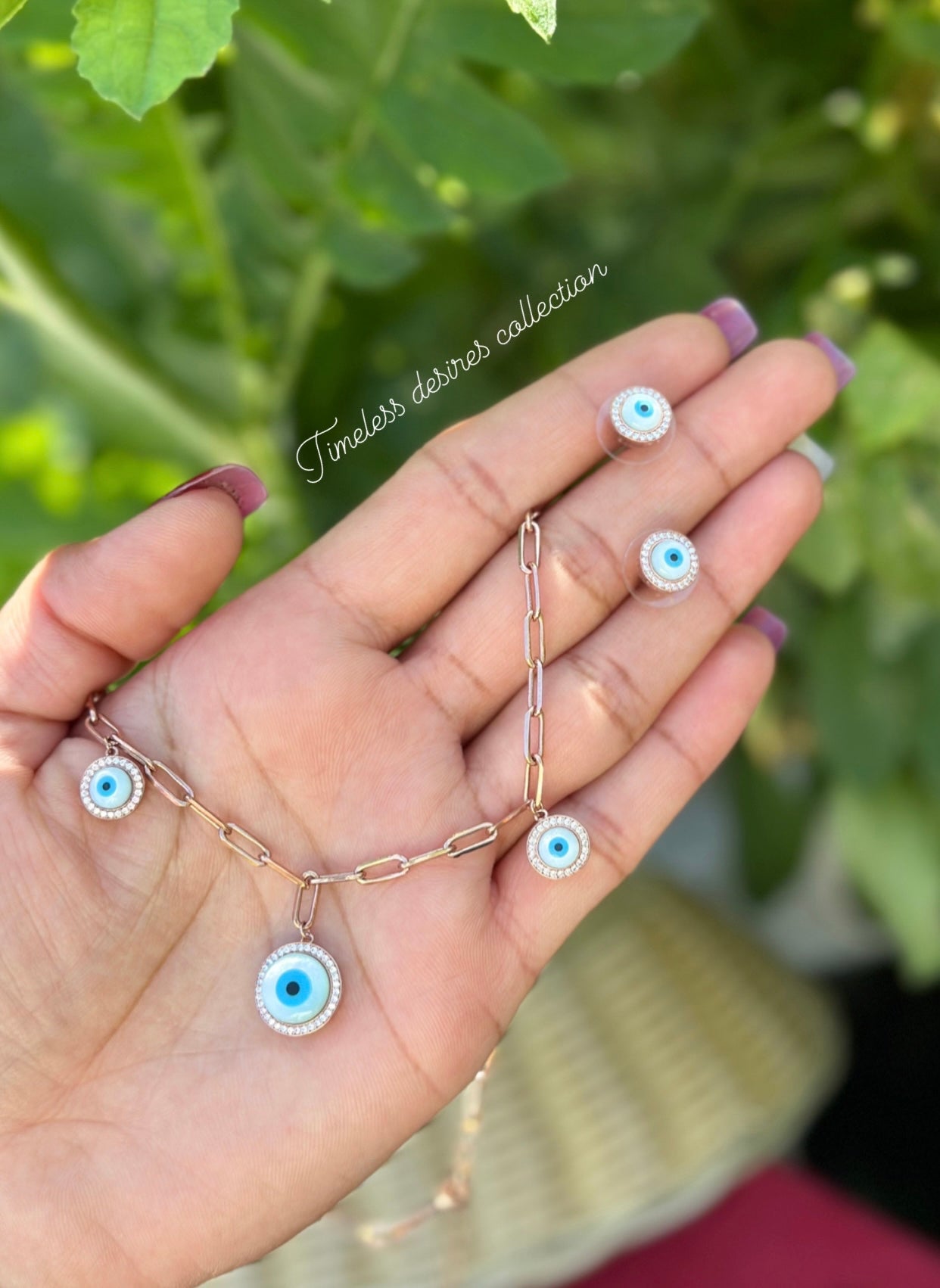 Evil eye necklace set with studs in American diamond high quality rose gold colour