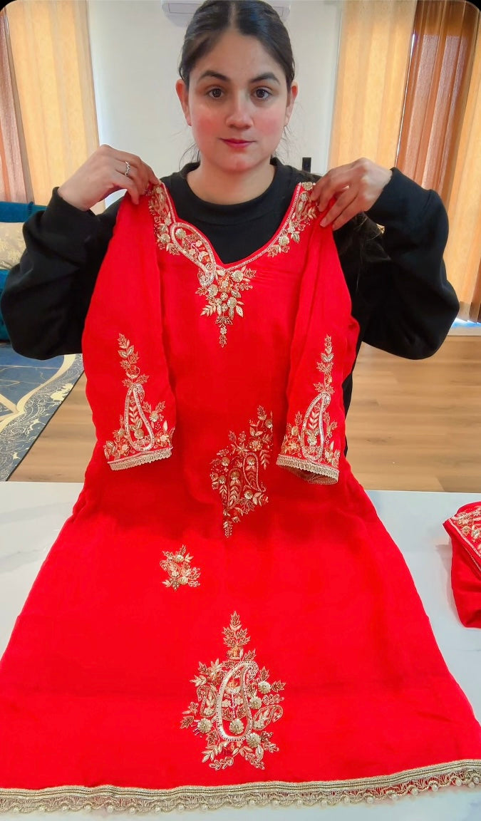 Red Handwork suit on pure Burberry -( Code: 741 )