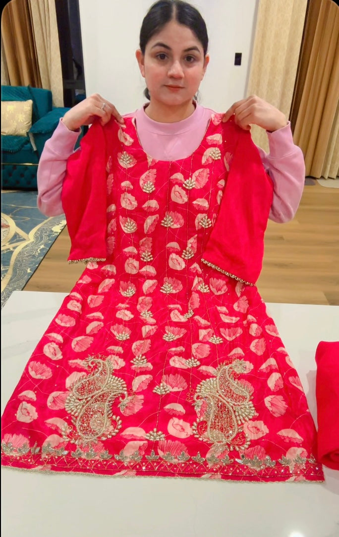Hot pink Handwork Sharara suit with simple Duppata - Code: 611