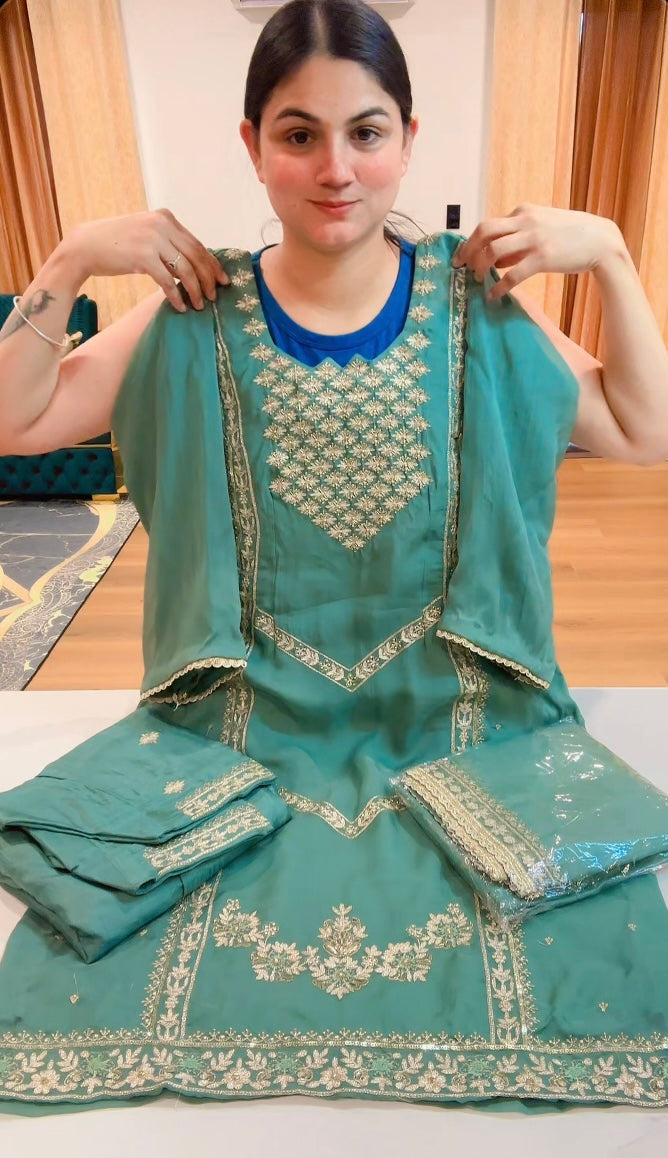 Partywear hand + tilla work suit (Colour: pastel aqua green), Code: 211