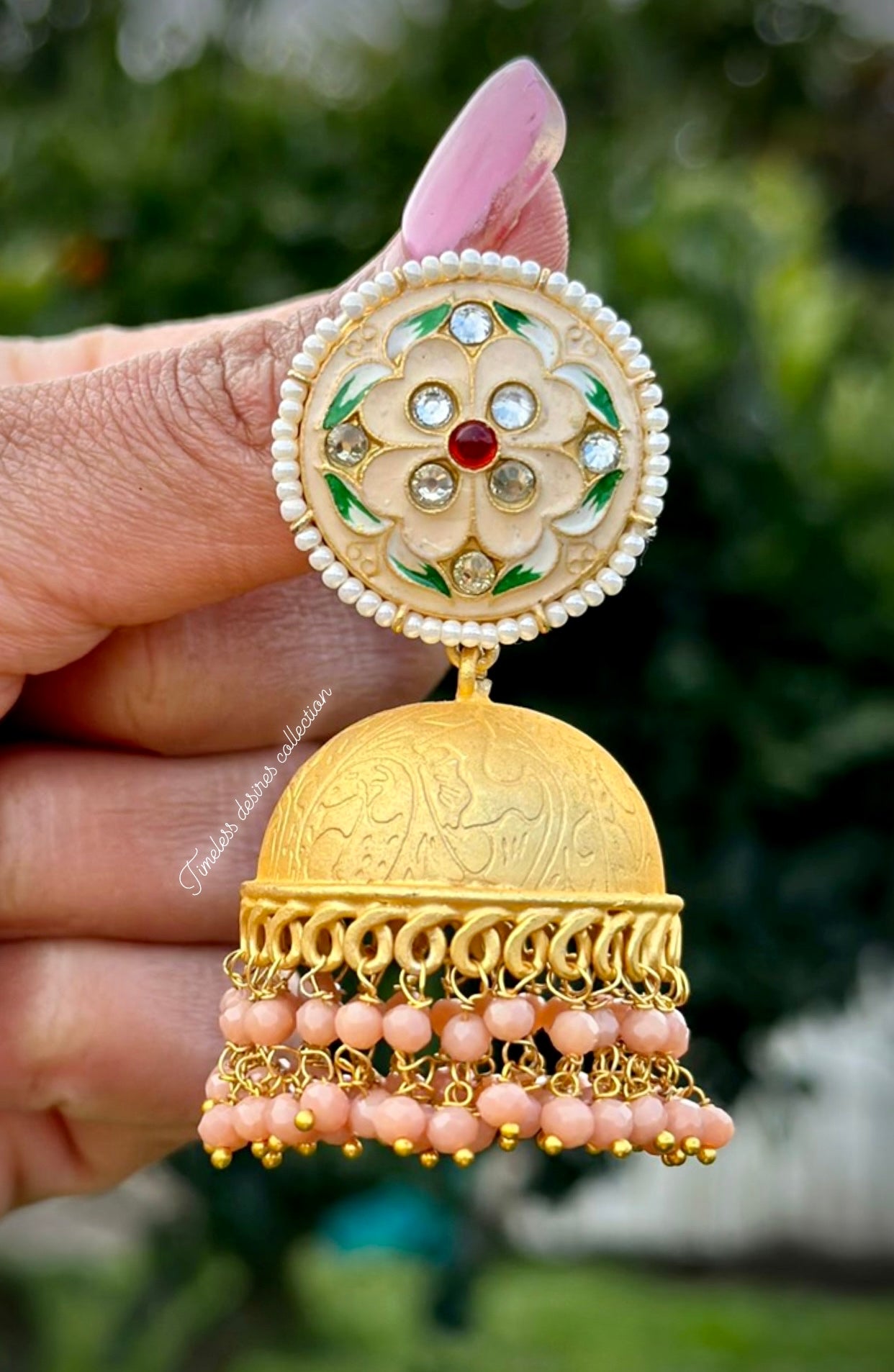 Peach Meenakari Jhumka earrings in 22 KT gold plating ( high quality )