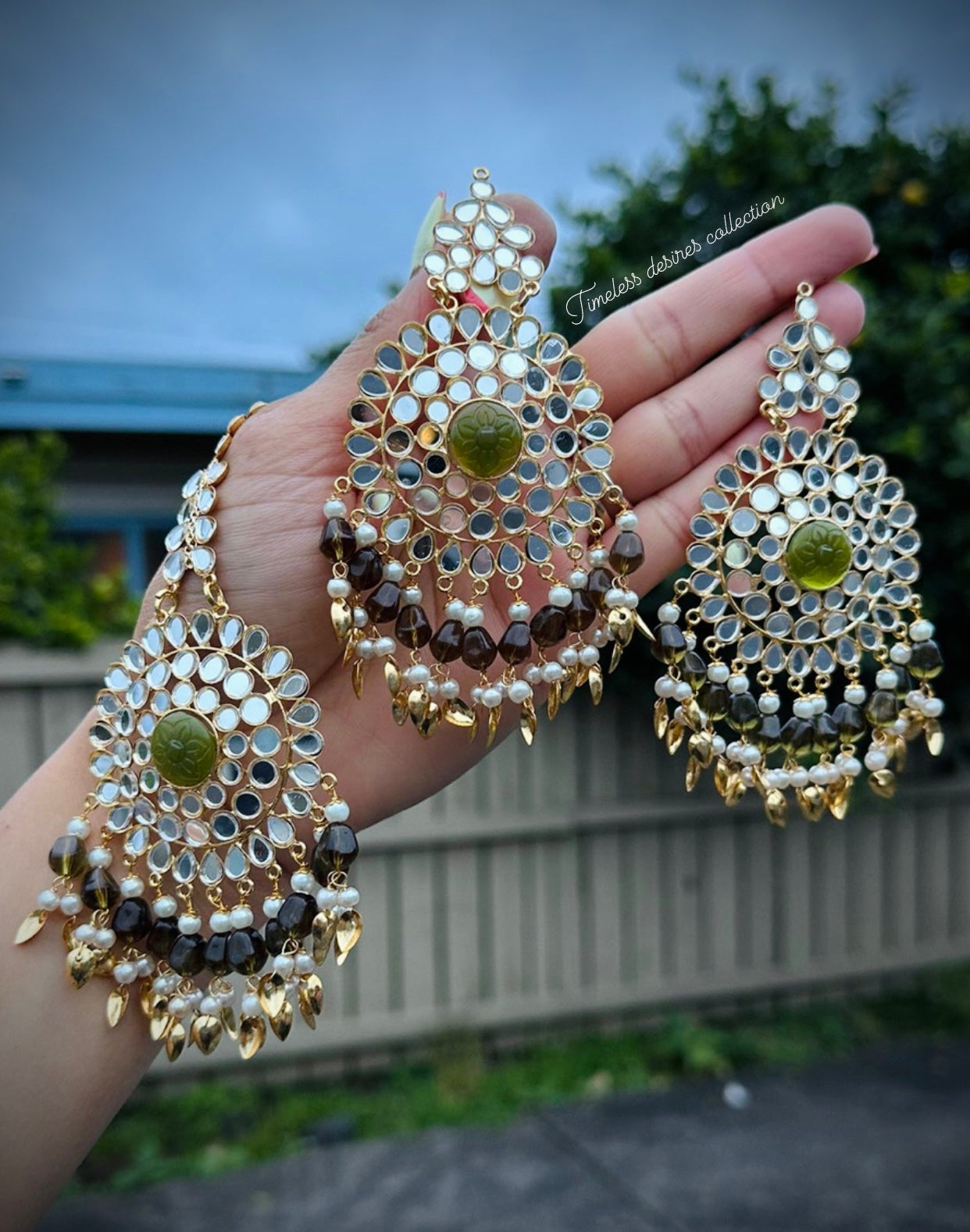 Mehndi green Earrings and Tikka set in Mirror