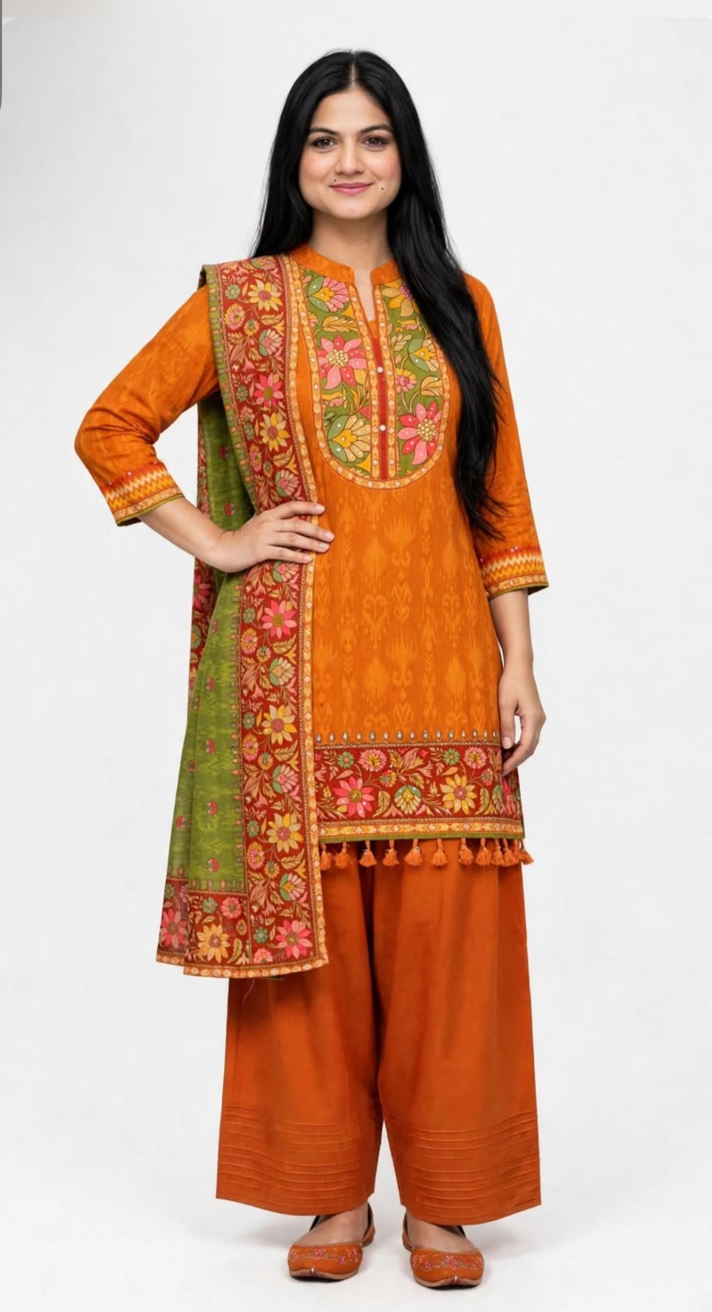 Orange Farshi suit in cotton with hand detailing on neck, Code: 332