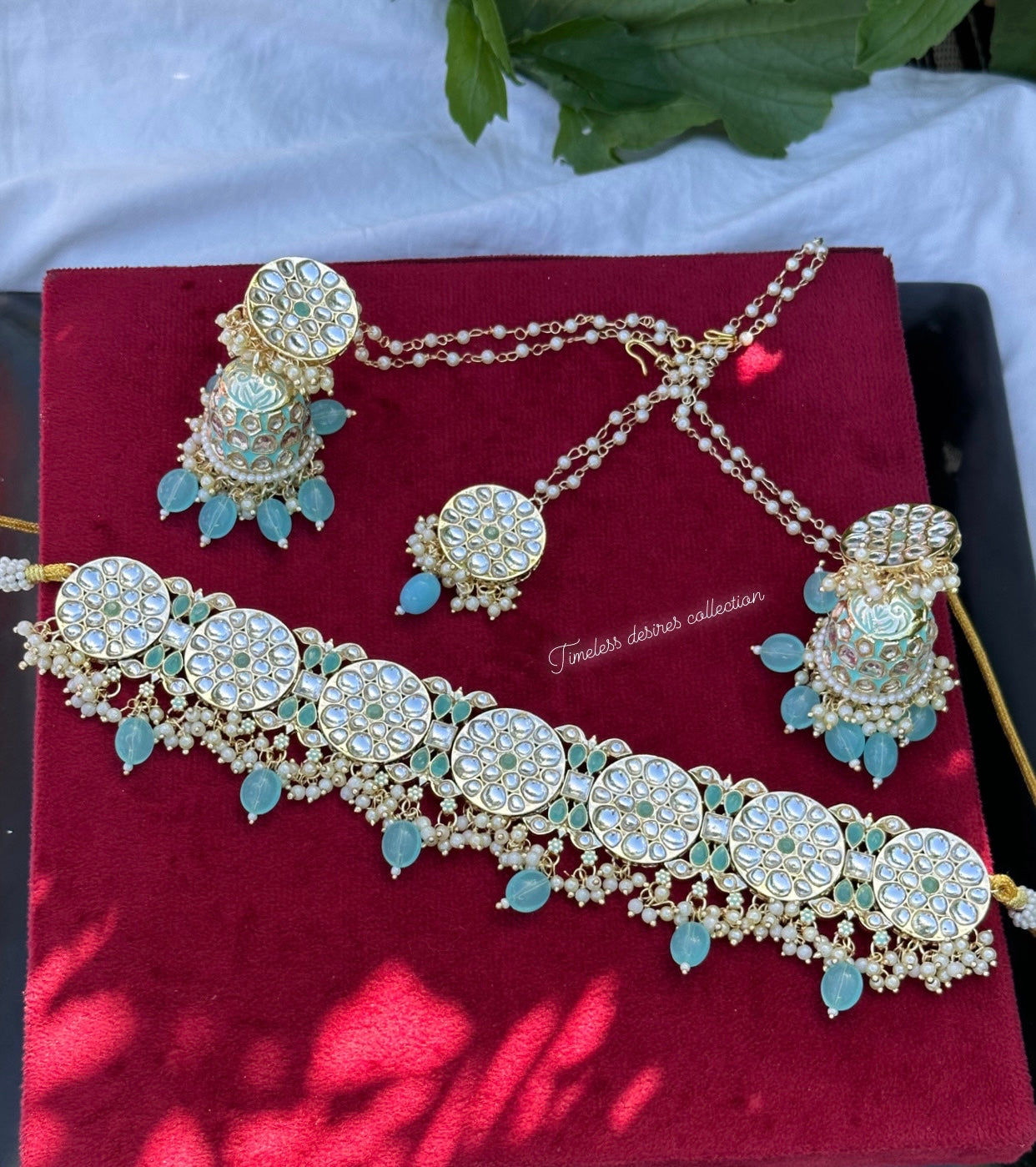 Sky blue or light blue choker / necklace set in meenakari kundan ( Sharara chains attached with jhumka )