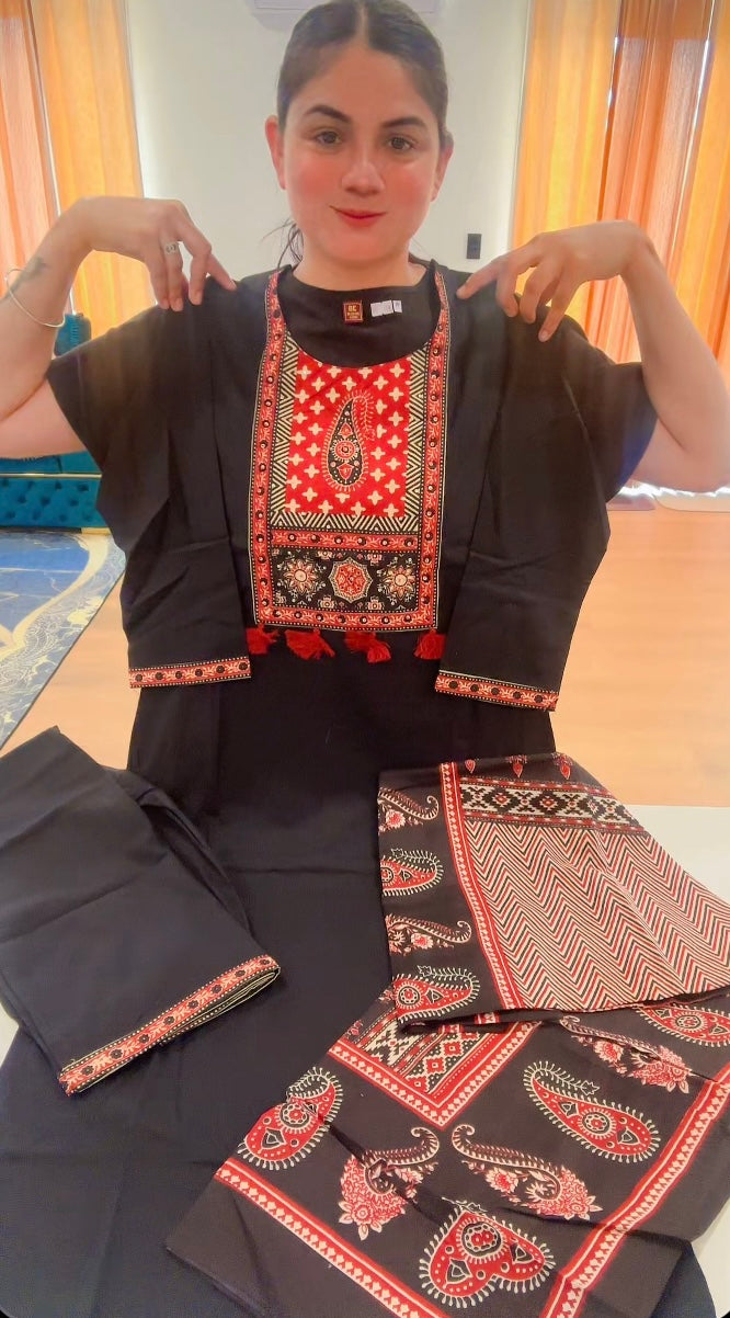 Readymade 3 pieces Ajgar Print suit with hand work (Colour: black, Code: 162 )