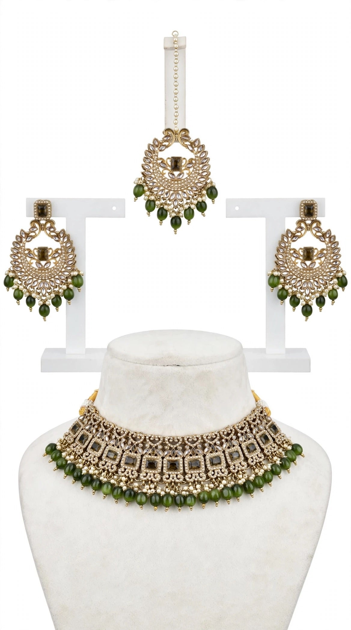 Mehndi Green choker / necklace set in reverse AD- N23