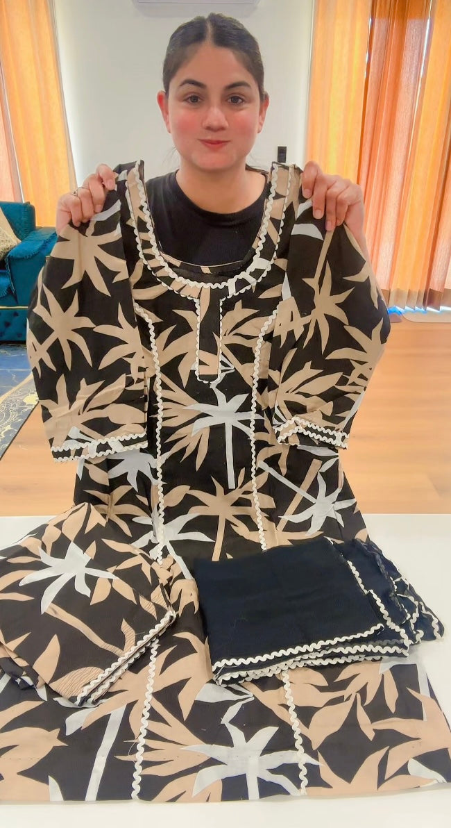 Cotton Printed boutique stitched Suit, Colour: Black/Brown, Code: 195