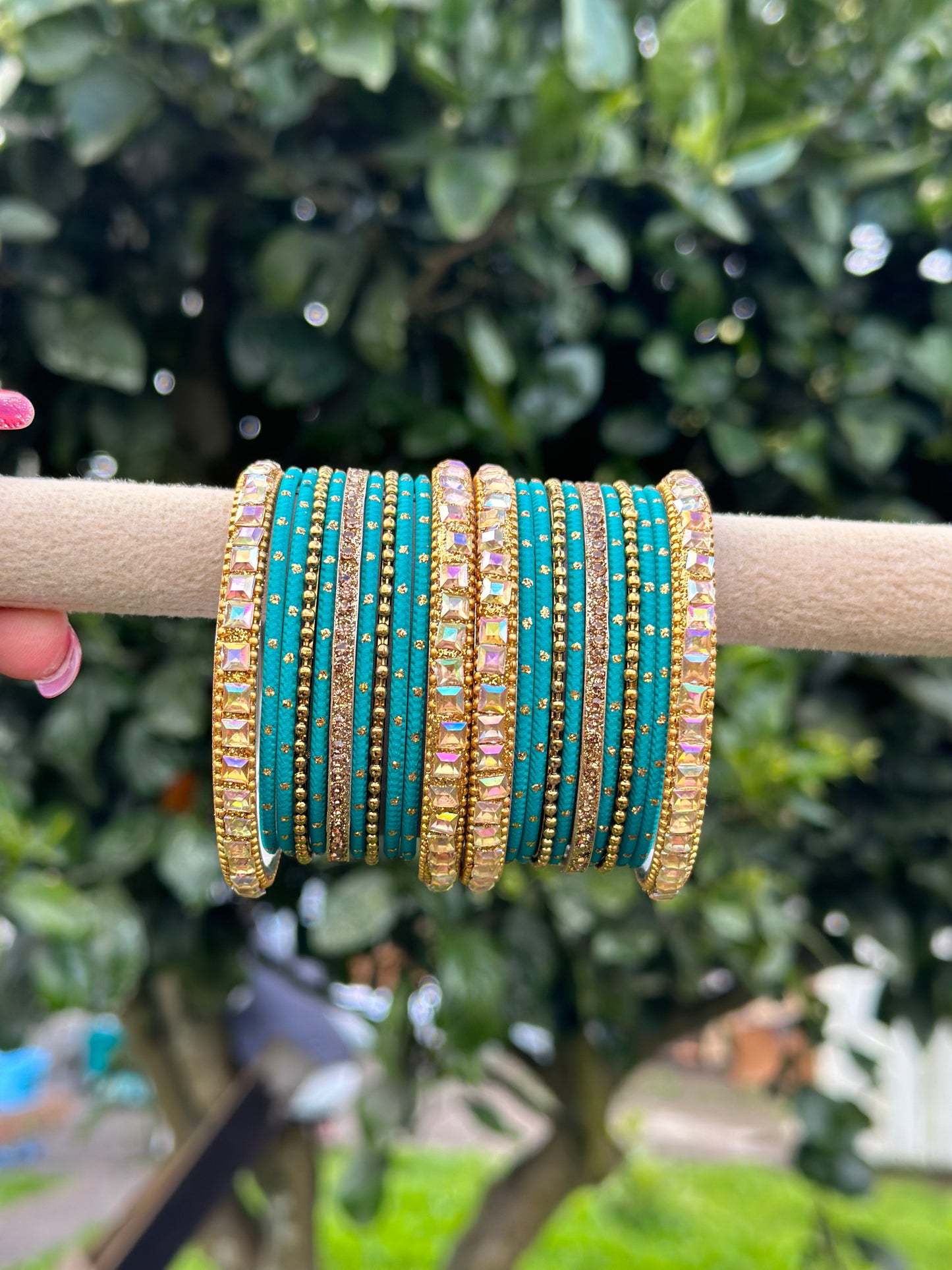 Sky Blue colour bangles with shiny golden kangan’s ( set of both hands )