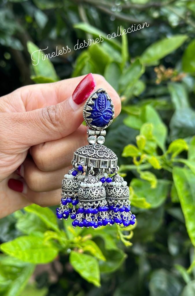 Blue Jhumka drop earrings in oxidised look in silver