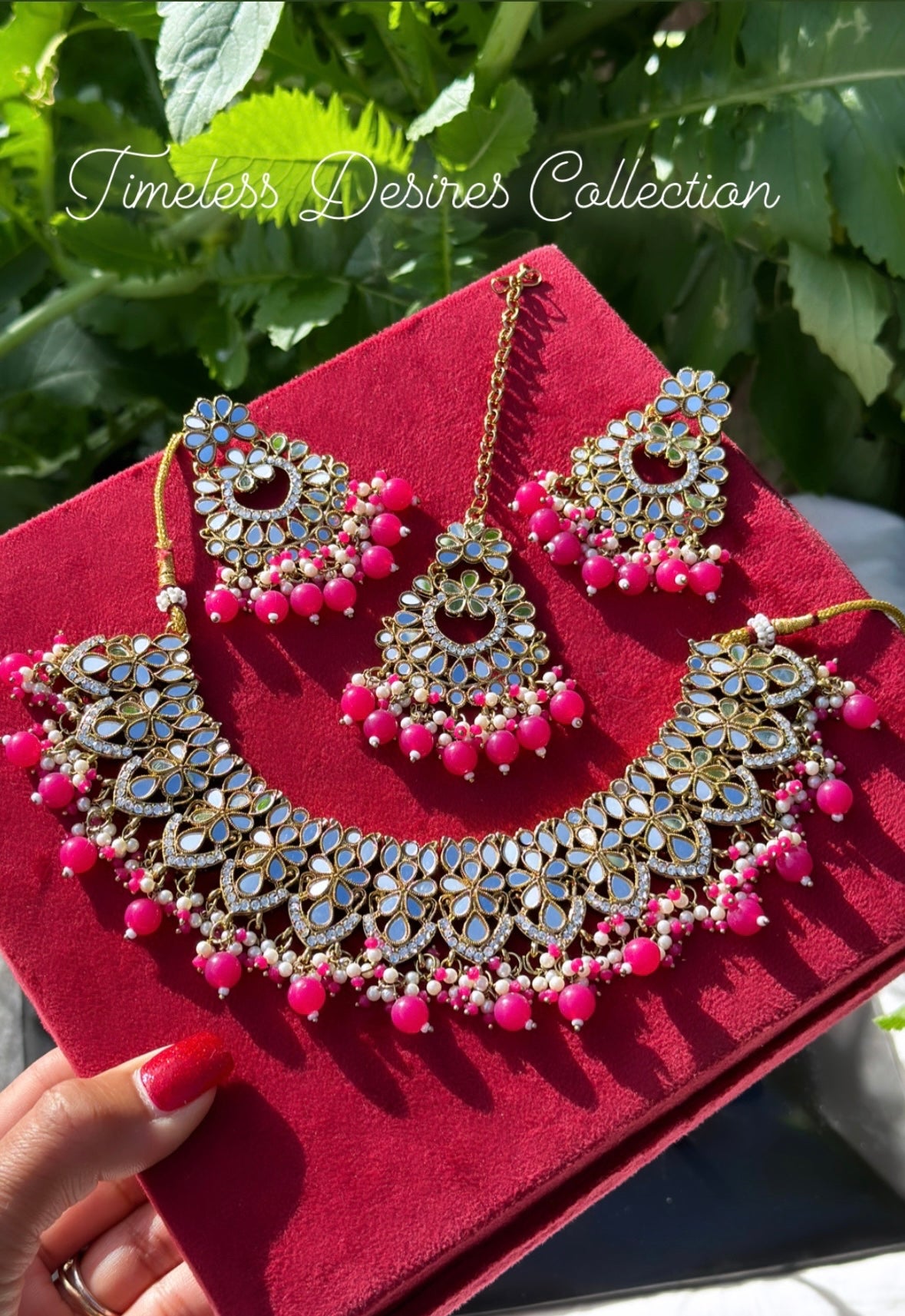 Hot Pink ( Rani Pink ) necklace / choker set in mirror
