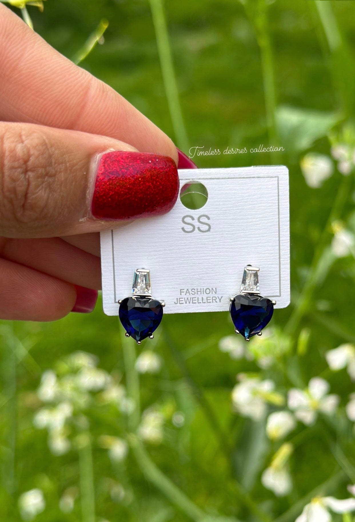 Blue American diamond necklace set with earrings in silver polish