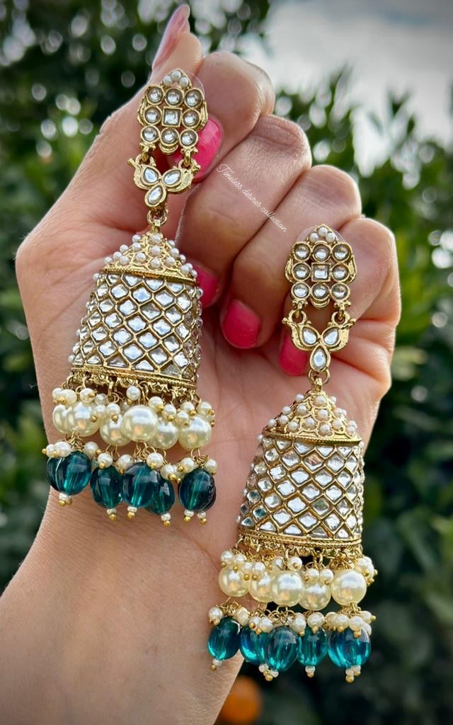 Peacock colour long pearl loaded Jhumka earrings in Kundan