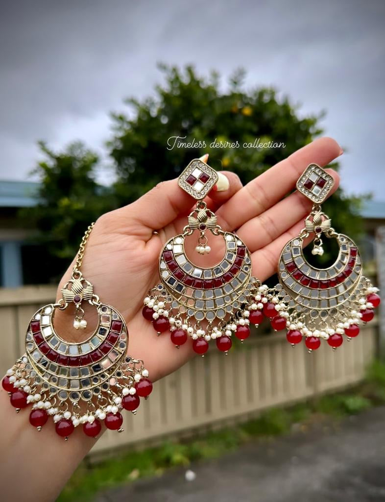 Maroon Earrings & Tikka set in Mirror
