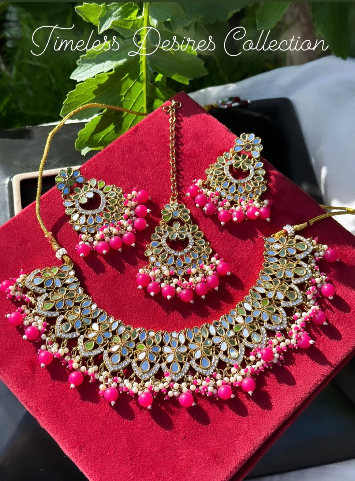 Hot Pink ( Rani Pink ) necklace / choker set in mirror