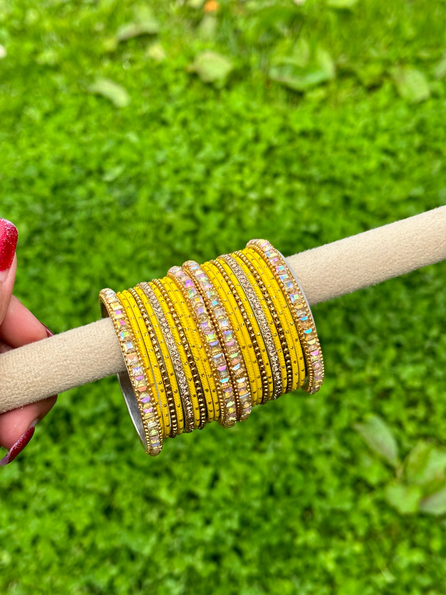 Yellow colour bangles with shiny golden kangan’s ( set of both hands )