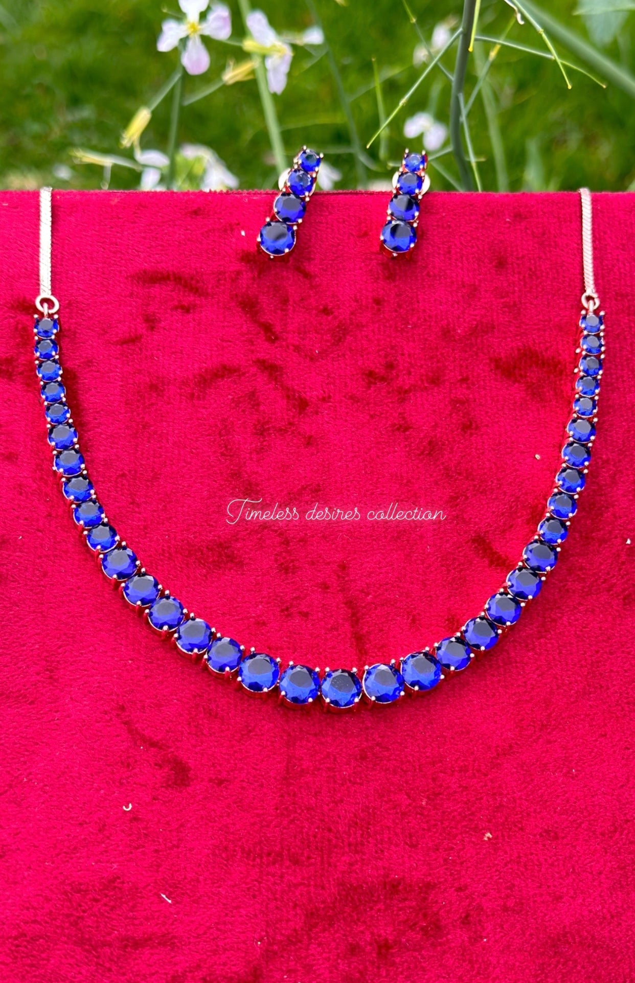 Blue American diamond necklace set in rose golden