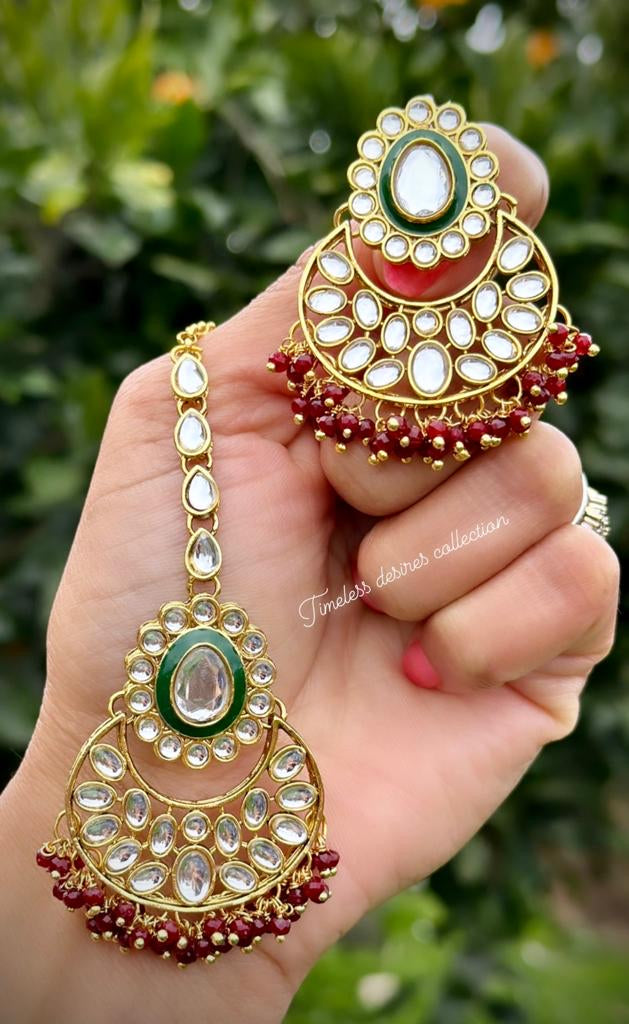 Maroon Earrings and Tikka set in Kundan