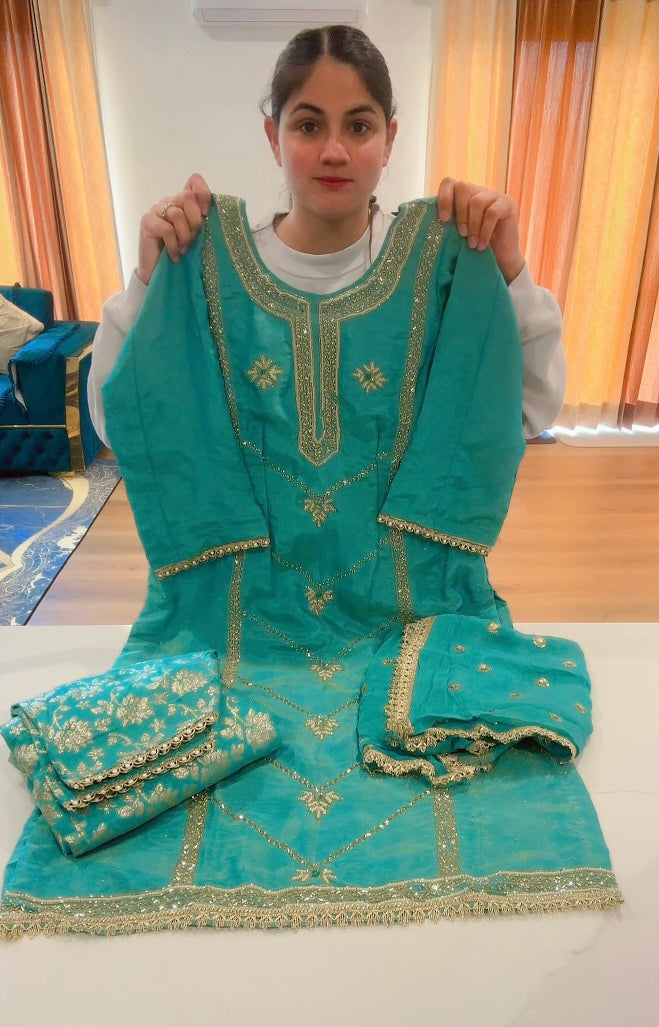 Taking preorders only, 4 weeks timeframe. Sky blue salwar suit on shimmer silk with Banarsi- (Code : 665)