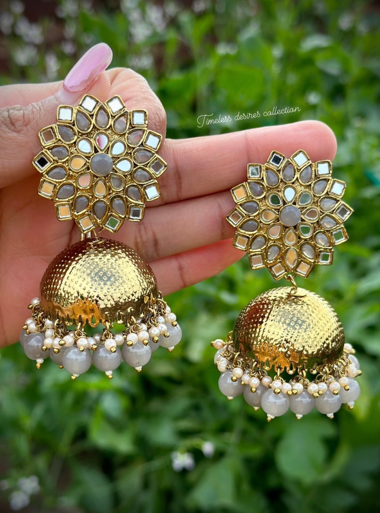 Grey Jhumka Earrings in mirror with copper base ( High quality )