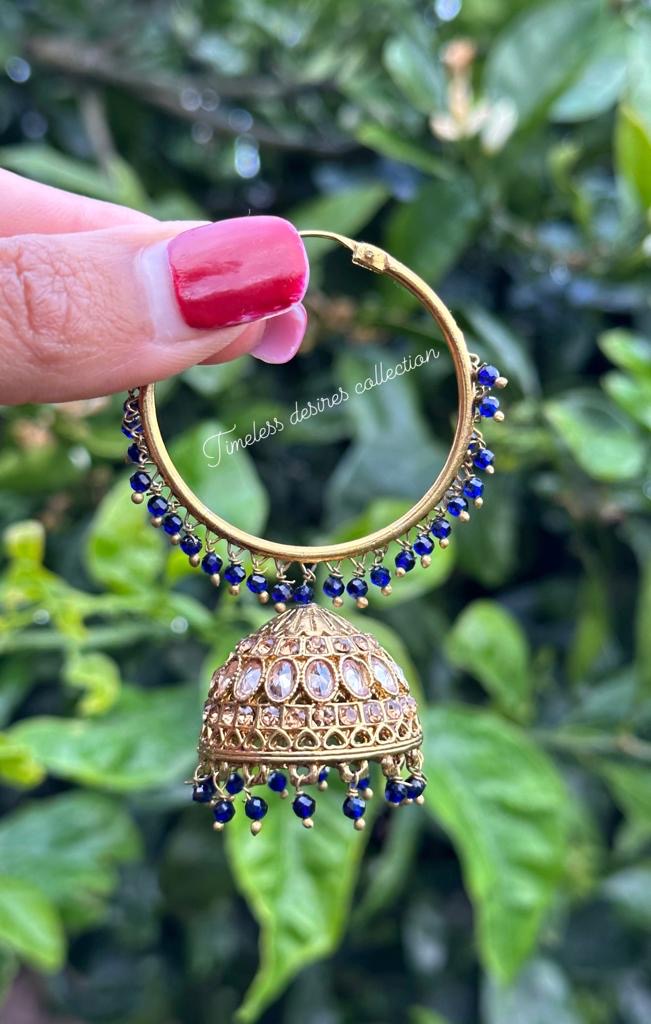 Blue Jhumka Waliya earrings in polki