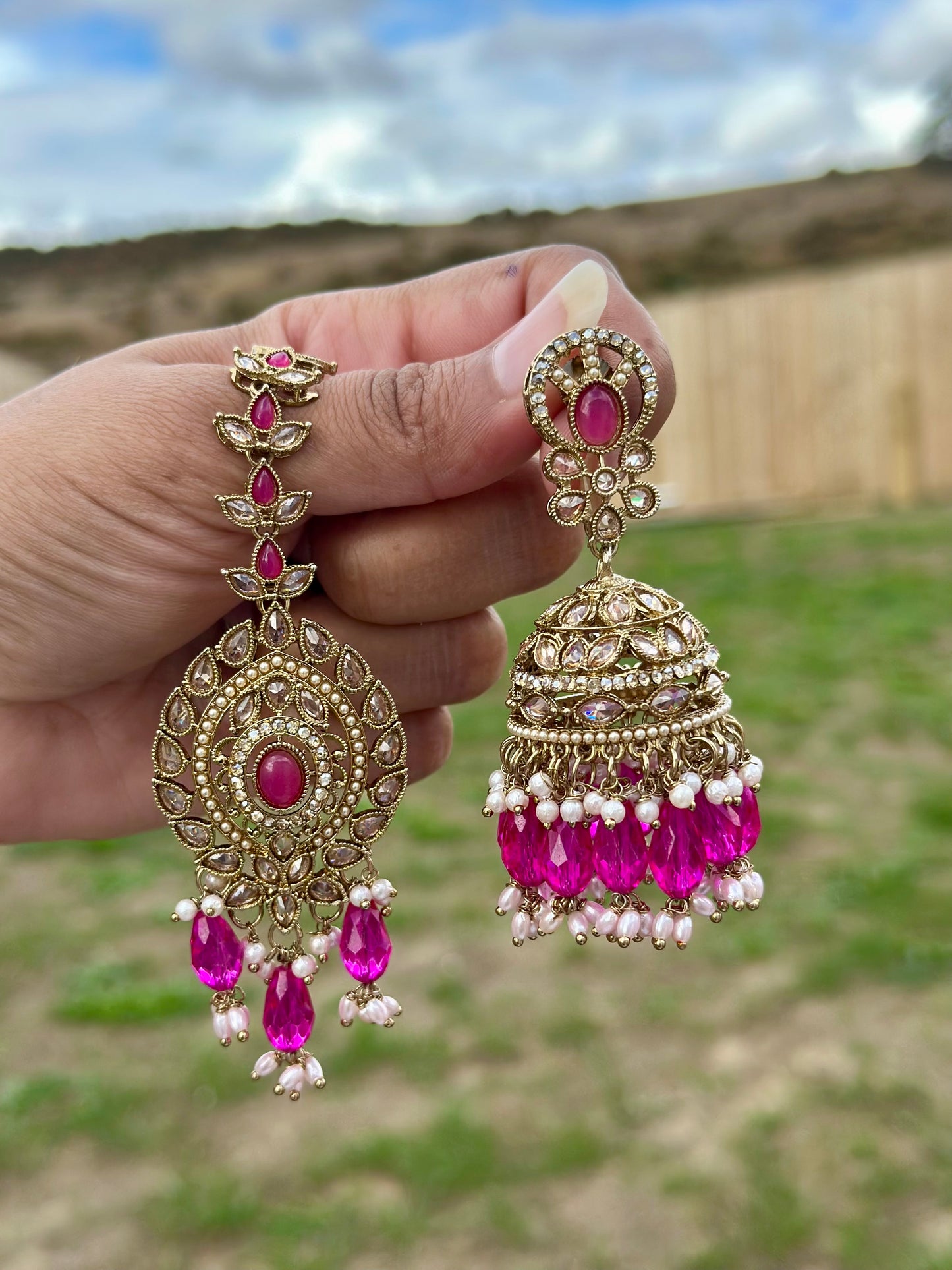 Hot pink earrings with tikka - J22