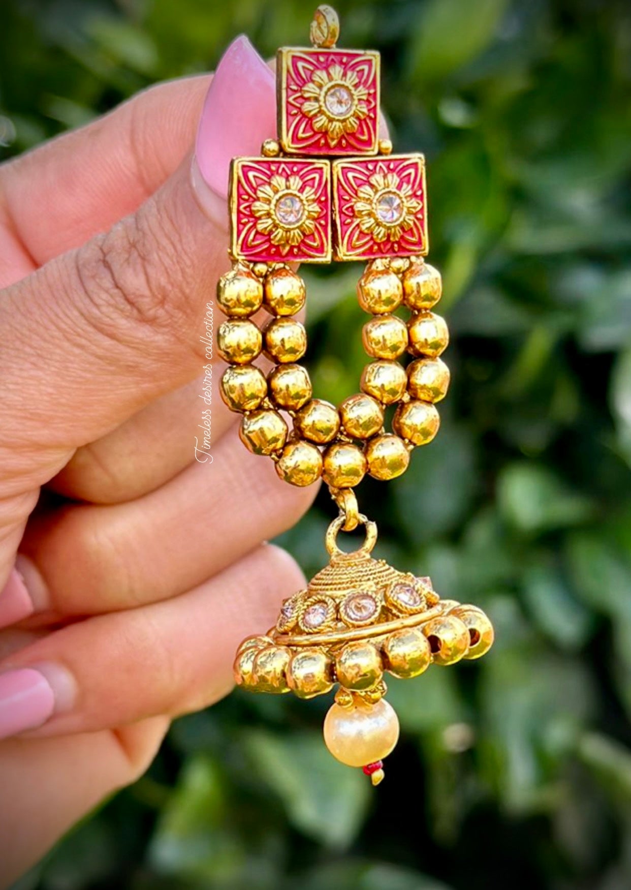 Red Gold plated necklace set in Meenakari with Bell sound earrings in Antique look