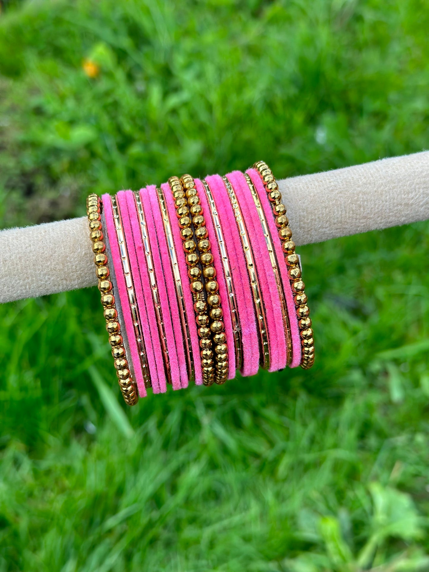 Baby pink velvet bangles set with golden beaded kangan’s