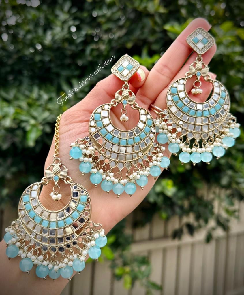 Sky blue earrings and tikka set in mirror