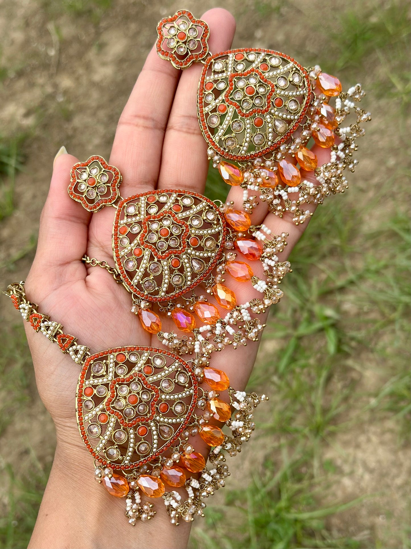 Orange colour earrings with tikka - J21