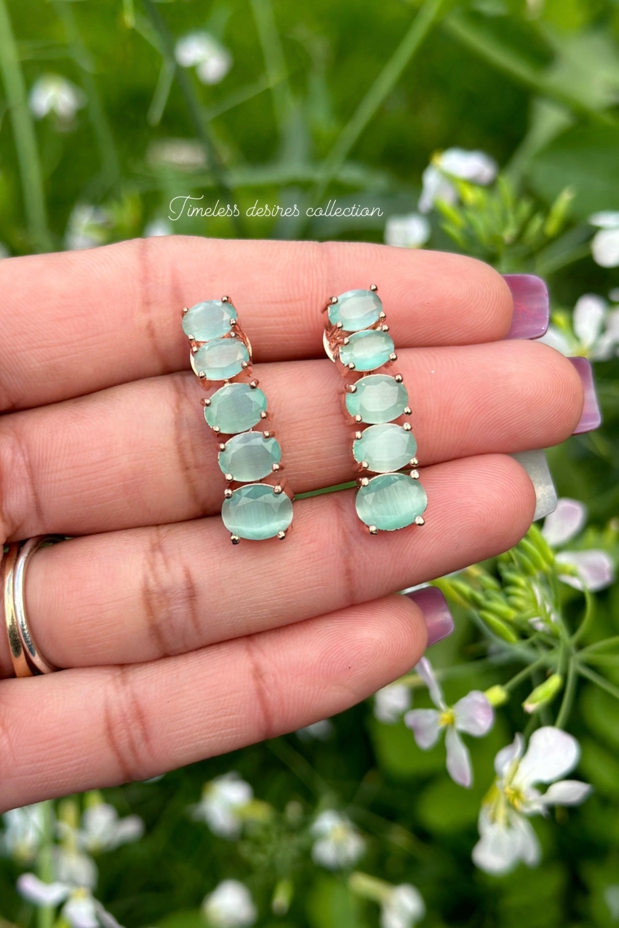 Mint green American diamond necklace set in rose golden