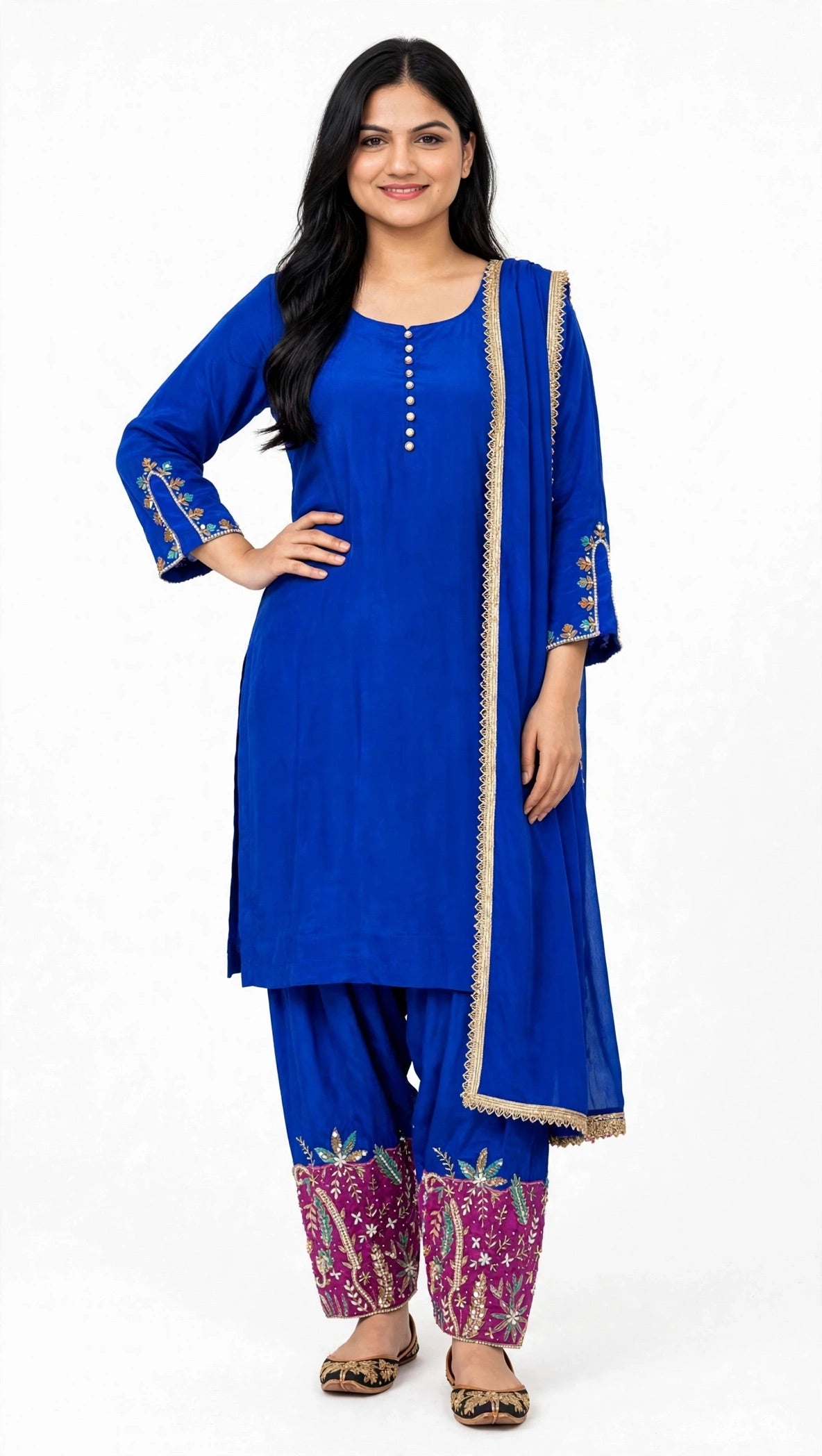Royal Blue pure crape girlish look handwork suit with organza Duppata paired up with heavy patch work salwar - Code 067