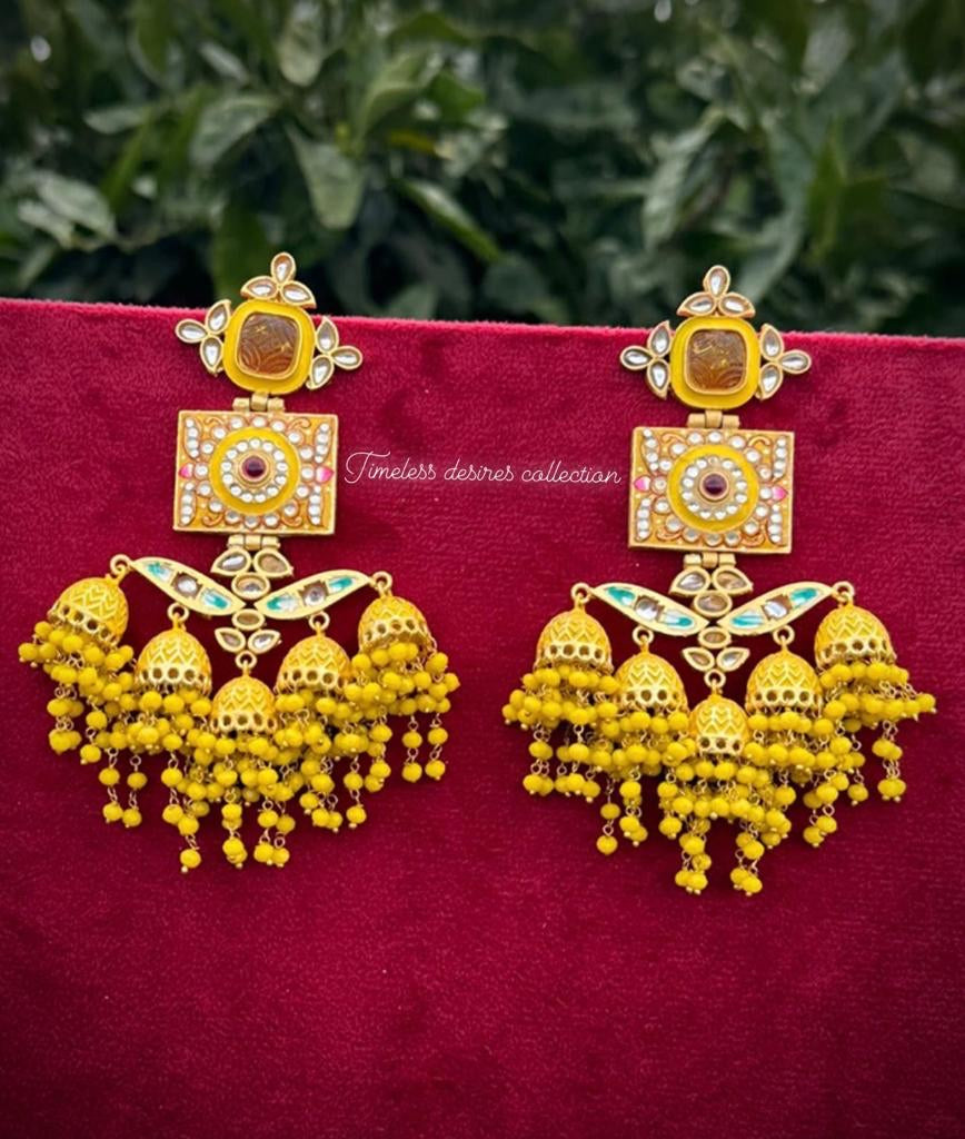 ( Item Code E-1 ) Yellow Most trending meena kundan earrings in gold plating ( statement PC )