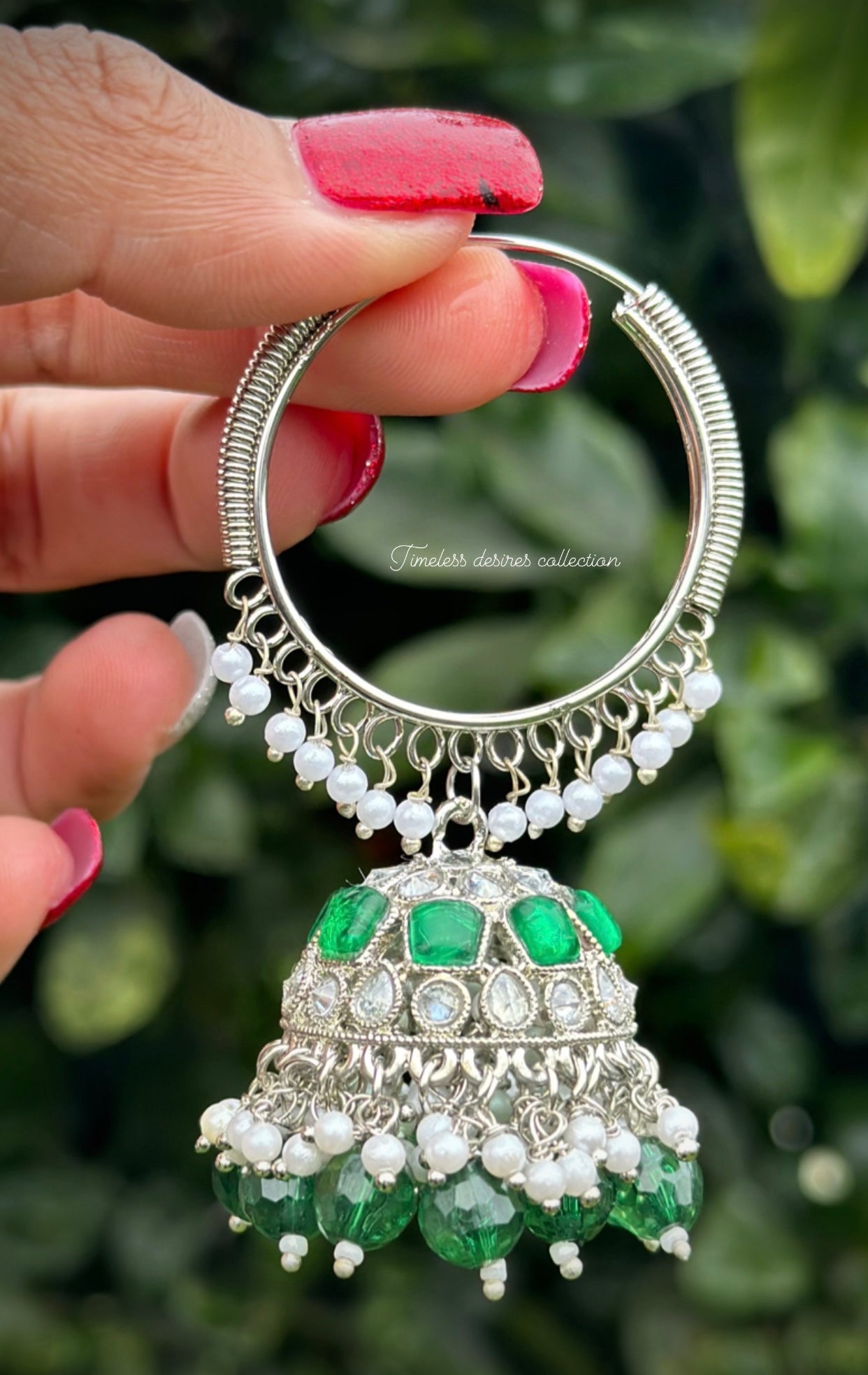 Green colour jhumka Waliya earrings in polki in silver polish