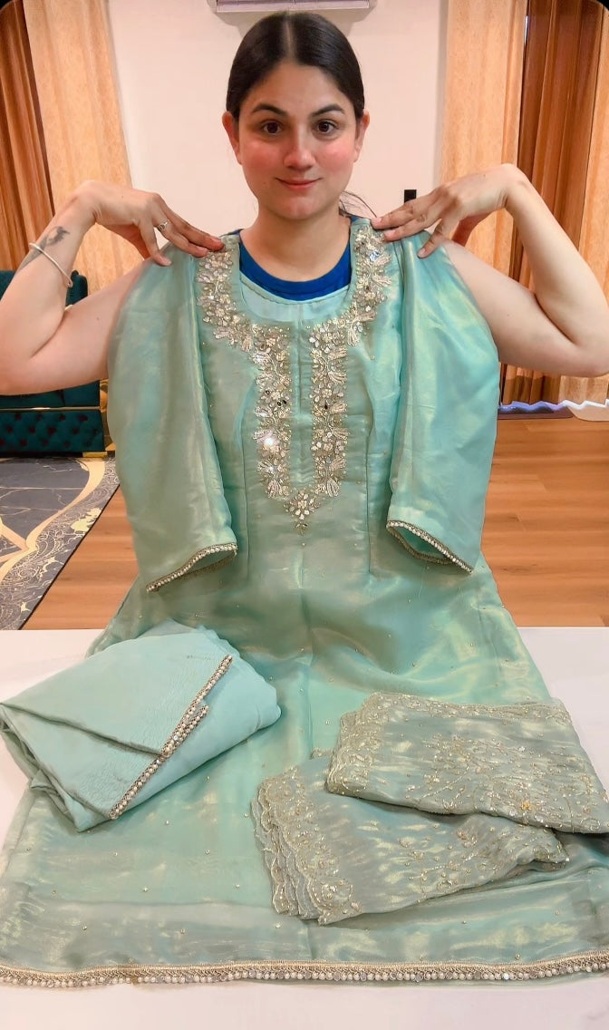 Partywear hand work suit (Colour: water blue), Code: 209