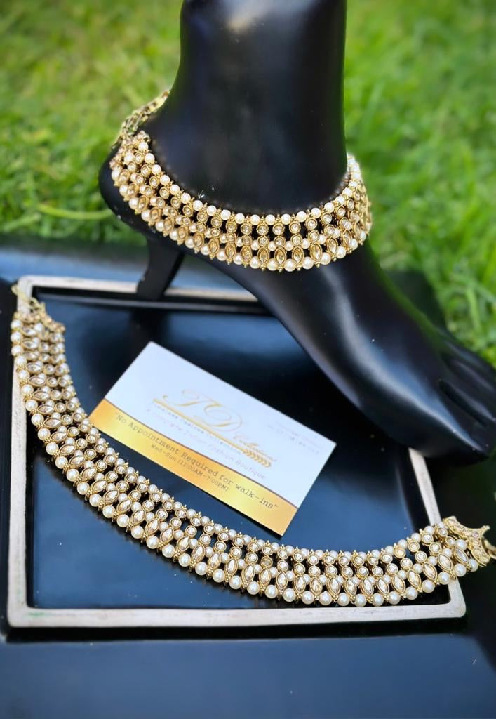 Triple stone golden Polki anklets / jhanjra (TD-21)
